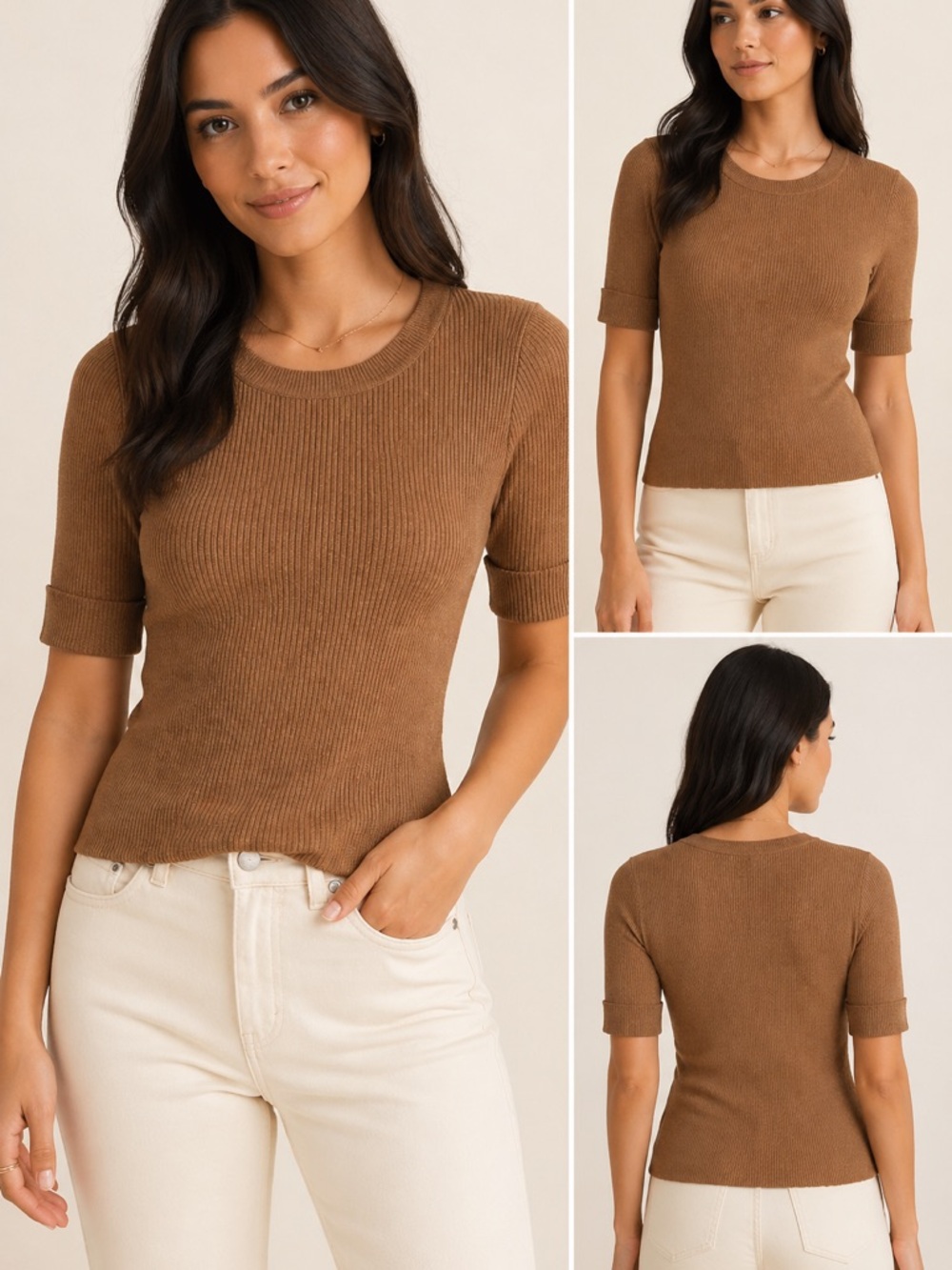 White House Black Market Ribbed Short-Sleeve Top in Camel Brown